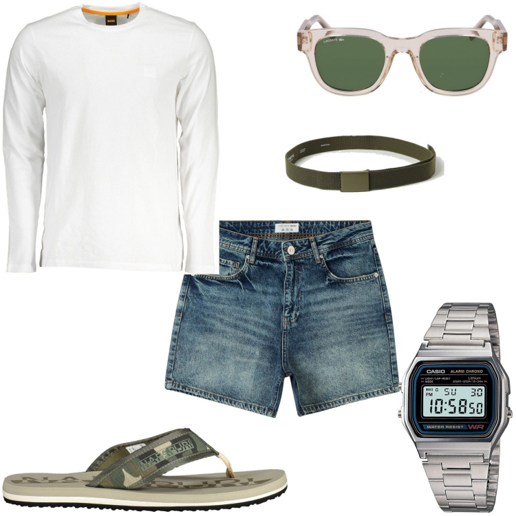 Outfit uomo - Il pomeriggio al mare. Stile Casual per Mare. Abbinamento con orologi digitali, shorts, t-shirt, sandali, cinture, occhiali da sole.