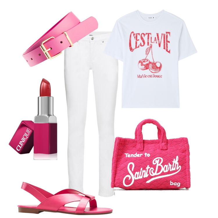 Outfit donna - Oggi vado di fretta. Stile Casual per Tutti i giorni. Abbinamento con cinture, jeans skinny, sandali, rossetti, t-shirt, borse a mano.