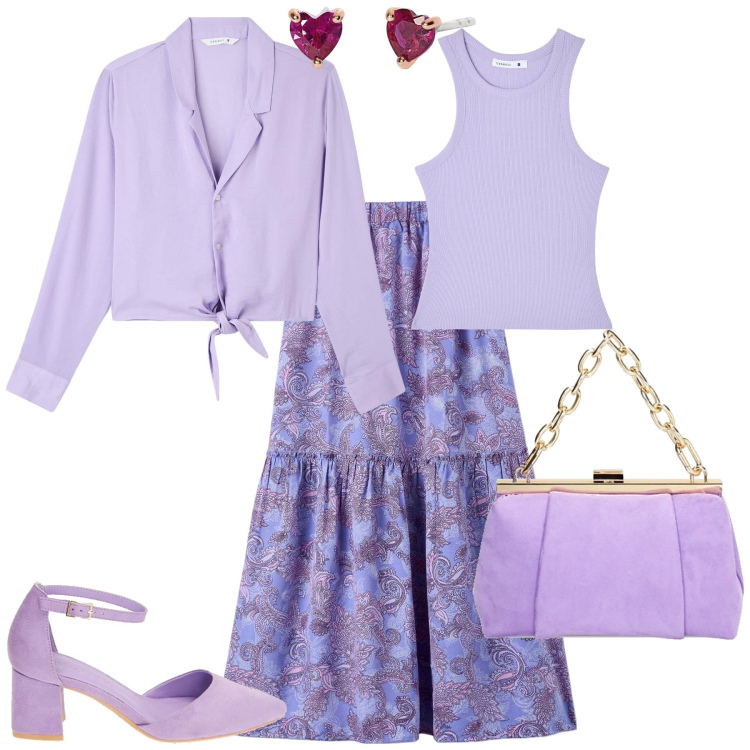 Outfit donna - Chic serata evento. Stile Chic per Serata fuori. Abbinamento con camicie, gonne lunghe, canottiere, orecchini, borse a spalla, décolleté.