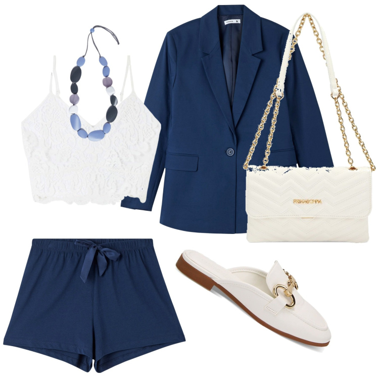 Outfit donna - Top e short. Stile Basic per Tutti i giorni. Abbinamento con top, shorts, blazer, sabot, borse a tracolla, collane.