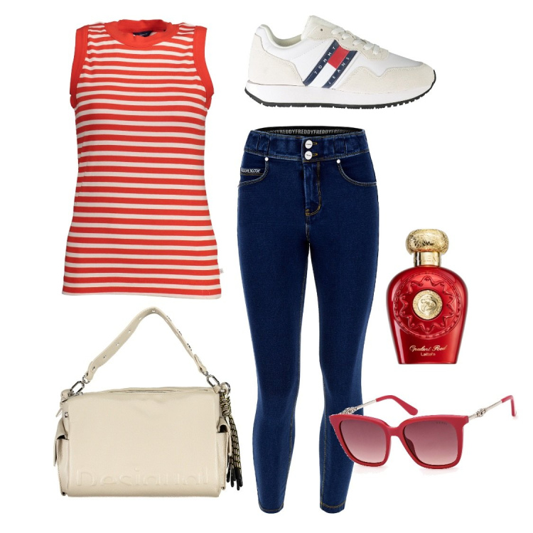 Outfit donna - Jeans e Righe. Stile Casual per Tutti i giorni. Abbinamento con profumi, jeans skinny, sneakers, borse a spalla, canottiere, occhiali da sole.