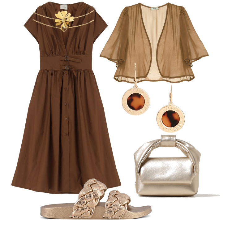 Outfit donna - Caffè luminoso con le amiche. Stile Trendy per Tutti i giorni. Abbinamento con collane, vestiti lunghi, cardigans, orecchini, ciabatte, borse a tracolla.