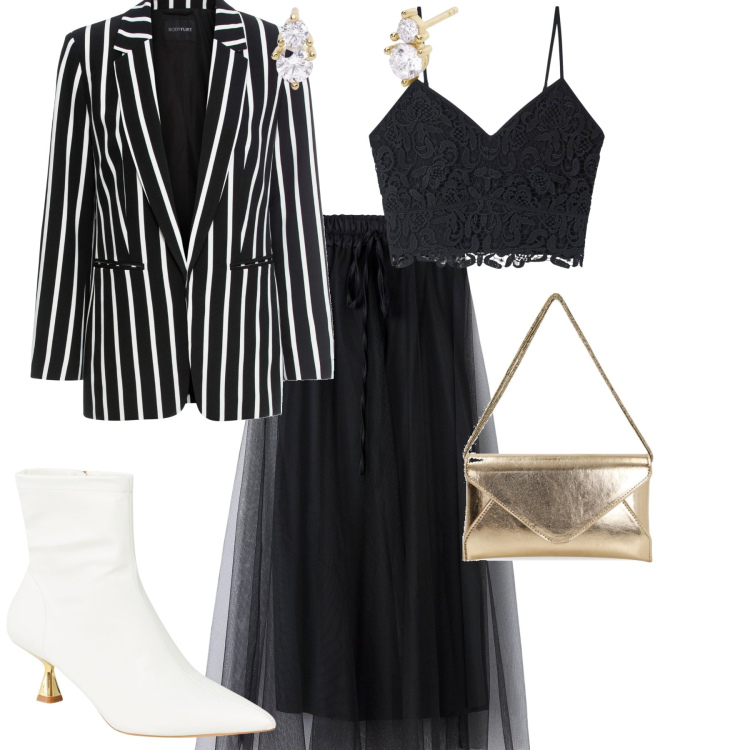 Outfit donna - Glamour serata evento. Stile Glamour per Serata fuori. Abbinamento con blazer, top, stivaletti, gonne lunghe, orecchini, pochette.