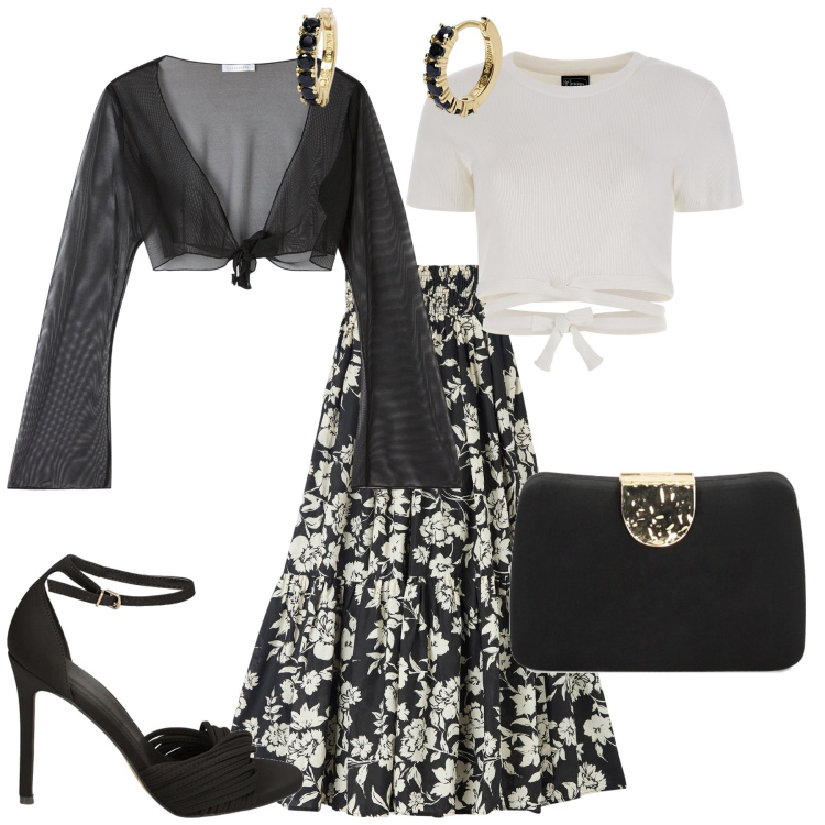 Outfit donna - Romantica chic serata evento speciale. Stile Romantica per Serata fuori. Abbinamento con gonne lunghe, bolero, orecchini, top, sandali col tacco, clutch.