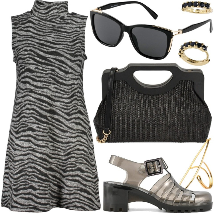 Outfit donna - casual chic. Stile Casual chic per Tutti i giorni. Abbinamento con occhiali da sole, orecchini, borse a mano, sandali col tacco, vestiti corti, anelli.