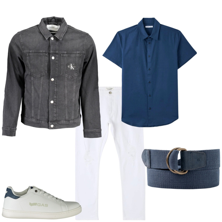 Outfit uomo - Casual serata. Stile Casual per Serata speciale. Abbinamento con jeans strappati, camicie, sneakers, giacche sportive, cinture.