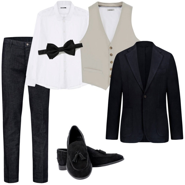 Outfit uomo - Il testimone dello sposo. Stile Business/Elegante per Cerimonia. Abbinamento con camicie, gilet, giacche, scarpe stringate, pantaloni, papillon.