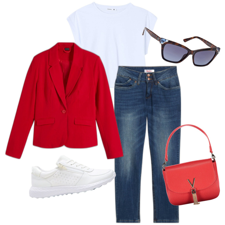 Outfit donna - Blazer rosso. Stile Casual chic per Ufficio. Abbinamento con jeans mom, sneakers, blazer, t-shirt, borse a spalla, occhiali da sole.