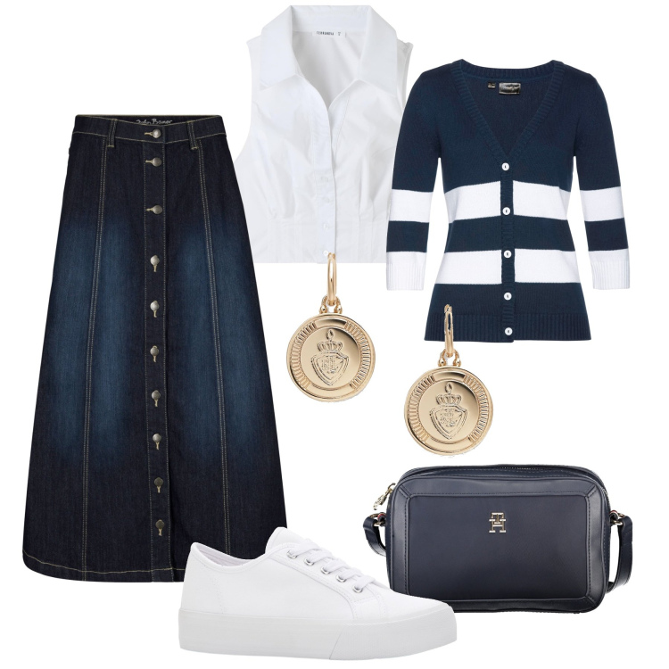 Outfit donna - Tendenza: la gonna di jeans. Stile Trendy per Tutti i giorni. Abbinamento con gonne longuette, cardigans, sneakers, camicie, orecchini, borse a tracolla.