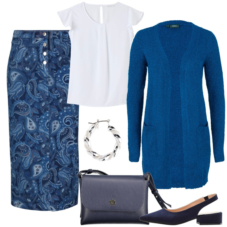 Outfit donna - In ufficio in boho style. Stile Boho per Scuola/Università. Abbinamento con orecchini, décolleté, gonne, cardigans, bluse, borse a spalla.