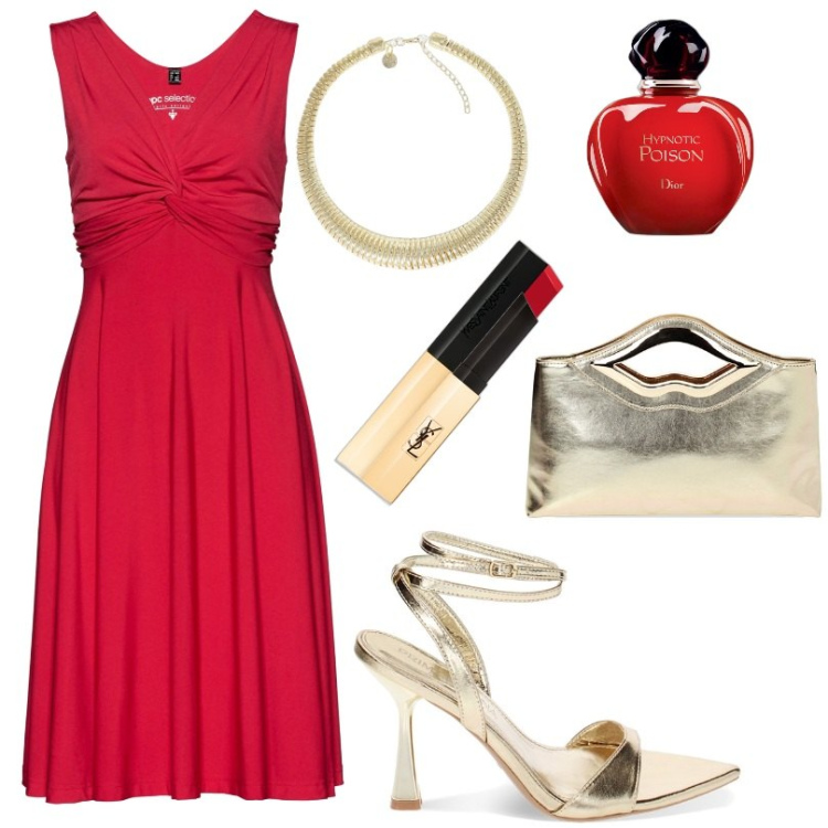 Outfit donna - Femminilità e audacia. Stile Glamour per Serata fuori. Abbinamento con vestiti, profumi, rossetti, collane, pochette, sandali col tacco.