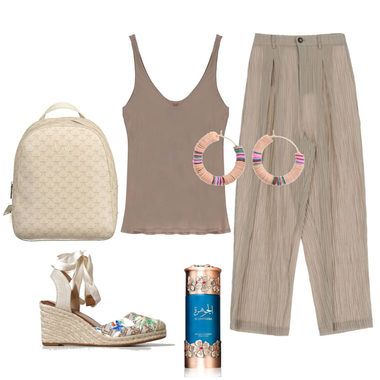 Outfit donna - I pantaloni leggeri. Stile Bon Ton per Tutti i giorni. Abbinamento con orecchini, profumi, canottiere, pantaloni, zeppe, zaini.