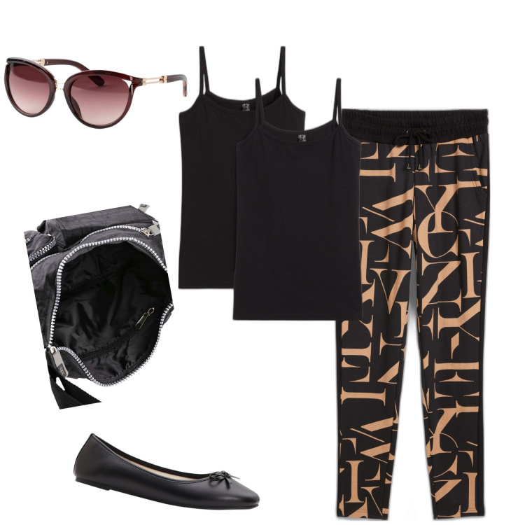 Outfit donna - Si parte per giorni di relax in Bonpr. Stile Casual chic per Tutti i giorni. Abbinamento con ballerine, occhiali da sole, borse a tracolla, pantaloni, top.