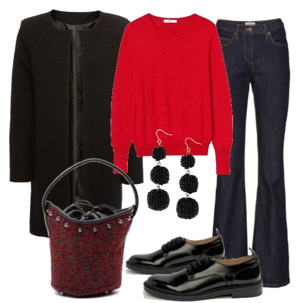 Outfit donna - Trendy #24431. Stile Trendy per Tutti i giorni. Abbinamento con jeans bootcut, cappotto collo aperto nero, orecchini a goccia nero, pullover a coste con scollo e polsini rosso, scarpe stringate con stringhe effetto vernice con tacco basso taglia media con punta smussata in denim, borsa a tracolla secchiello con manico e borchie con zip jacquard.