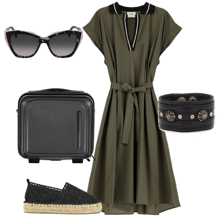 Outfit donna - Verso una meta campestre. Stile Casual chic per Tutti i giorni. Abbinamento con braccialetti, vestiti midi/longuette, espadrillas, valigie, occhiali da sole.