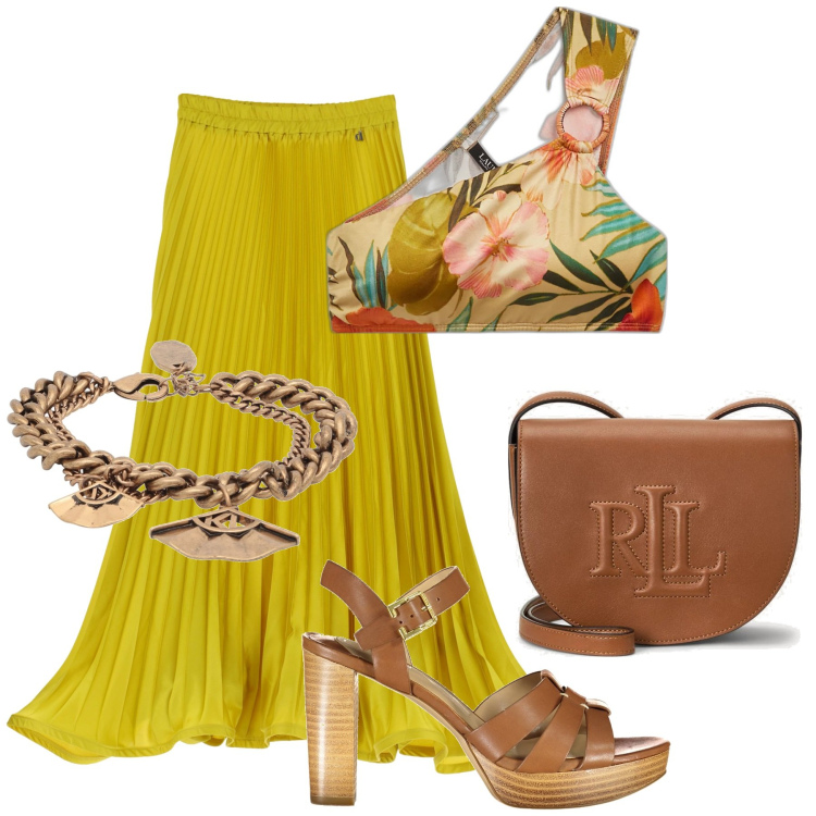 Outfit donna - La gonna plissé. Stile Glamour per Serata fuori. Abbinamento con braccialetti, gonne lunghe, borse a tracolla, top, sandali col tacco.