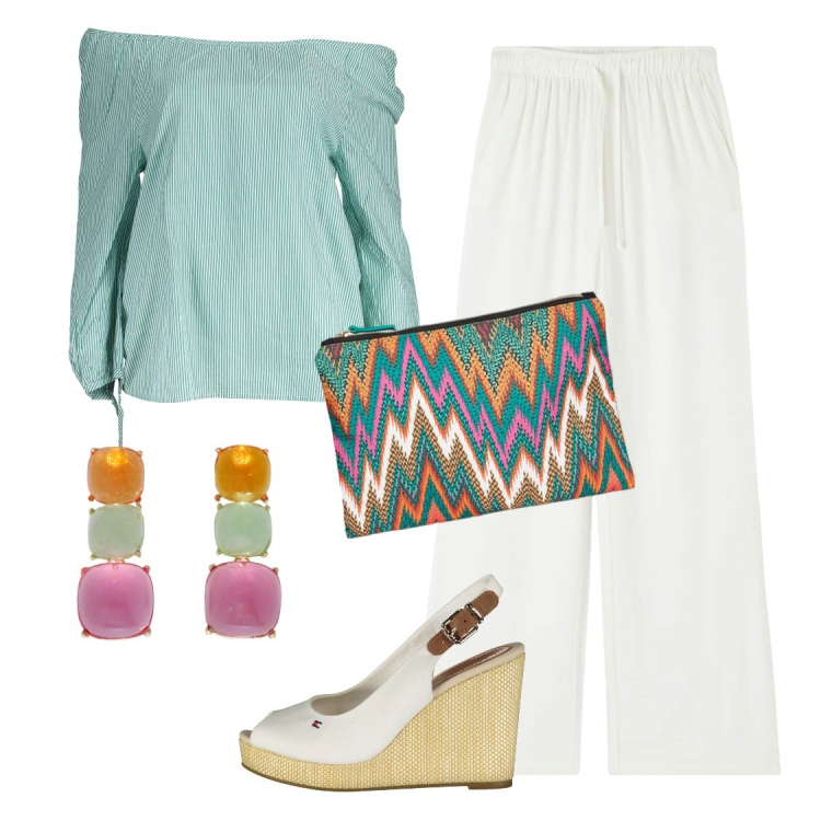 Outfit donna - La blusa leggera a righe. Stile Casual per Tutti i giorni. Abbinamento con pantaloni, orecchini, maglieria, pochette, sandali.