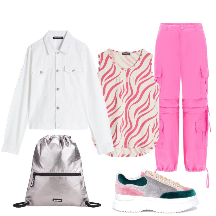 Outfit donna - Sportiva!. Stile Casual per Tutti i giorni. Abbinamento con sneakers, pantaloni cargo, canottiere, blazer, zaini.