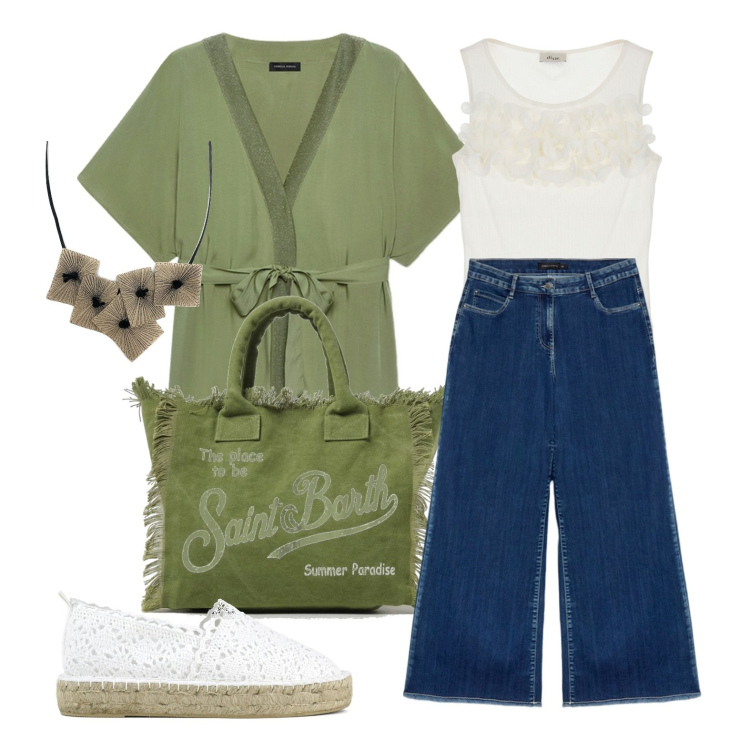 Outfit donna - Ghost outfitter - maggio. Stile Casual chic per Tutti i giorni. Abbinamento con ciondoli, canottiere, espadrillas, bluse, borse a spalla, jeans.