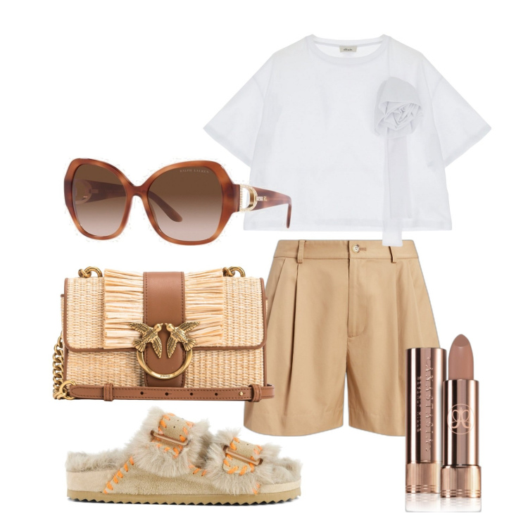 Outfit donna - Ghost outfitter - maggio. Stile Trendy per Tutti i giorni. Abbinamento con rossetti, borse a spalla, occhiali da sole, minigonne, t-shirt, ciabatte.