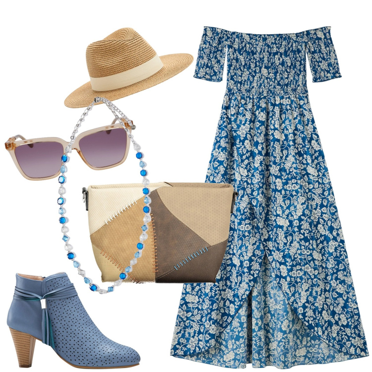 Outfit donna - Weekend in campagna. Stile Casual chic per Tutti i giorni. Abbinamento con stivaletti, vestiti lunghi, cappelli, borse a tracolla, collane, occhiali da sole.