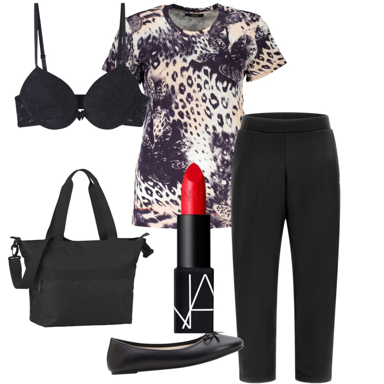 Outfit donna - Animalier al femminile. Stile Trendy per Tutti i giorni. Abbinamento con ballerine, rossetti, reggiseni, borse tote, pantaloni, t-shirt.