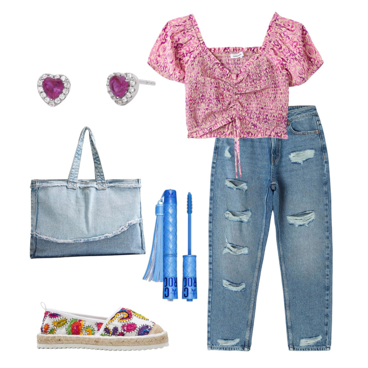 Outfit donna - Casual ma bon ton. Stile Casual chic per Tutti i giorni. Abbinamento con espadrillas, mascara, jeans mom, shopping bag, bluse, orecchini.