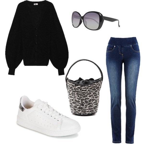 Outfit donna - Jeans e maglione. Stile Basic per Tutti i giorni. Abbinamento con jeans, scarpe bianco, cardigan con cerchi e scollo a maniche lunghe filato nero, borsa a tracolla secchiello con manico e borchie con zip jacquard, occhiali da sole nero.