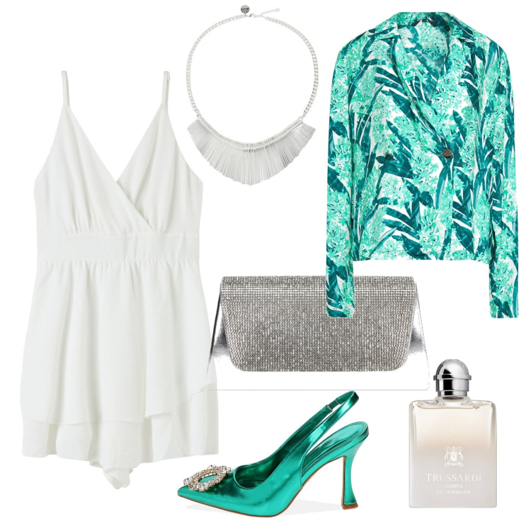 Outfit donna - Tutina con blazer. Stile Sexy per Serata fuori. look ideale per Petite. Abbinamento con blazer, profumi, tuta corta, pochette, décolleté, collane.