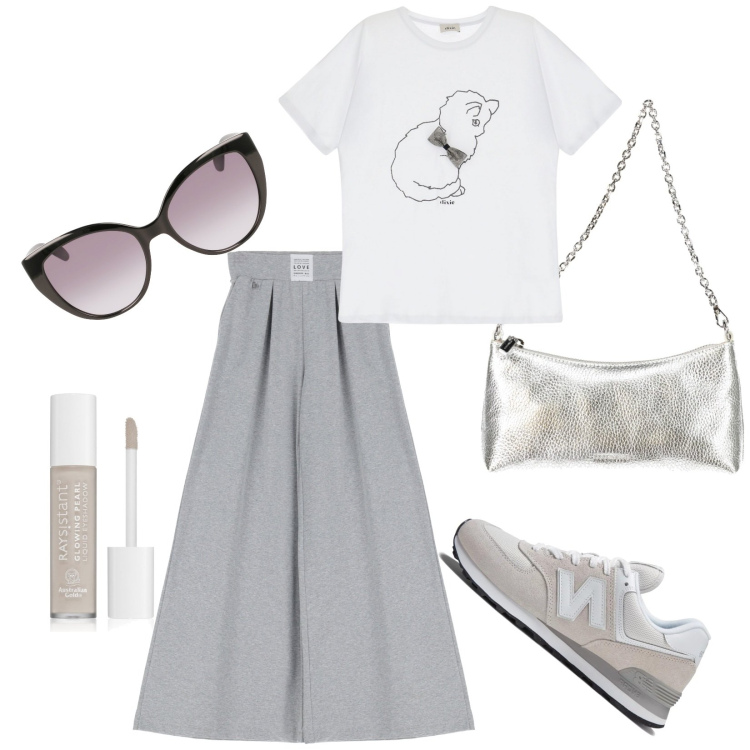 Outfit donna - New balance. Stile Casual chic per Tutti i giorni. Abbinamento con ombretti, sneakers, t-shirt, pantaloni a palazzo, borse a spalla, occhiali da sole.