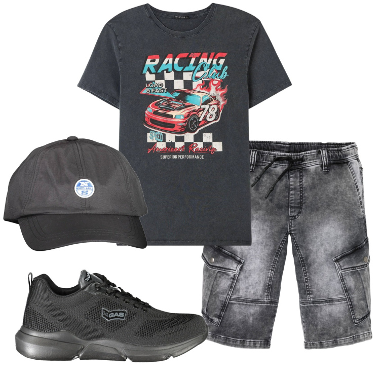 Outfit uomo - Total look #1876879. Stile Casual per Sport. Abbinamento con bermuda, t-shirt, cappelli con visiera, sneakers.