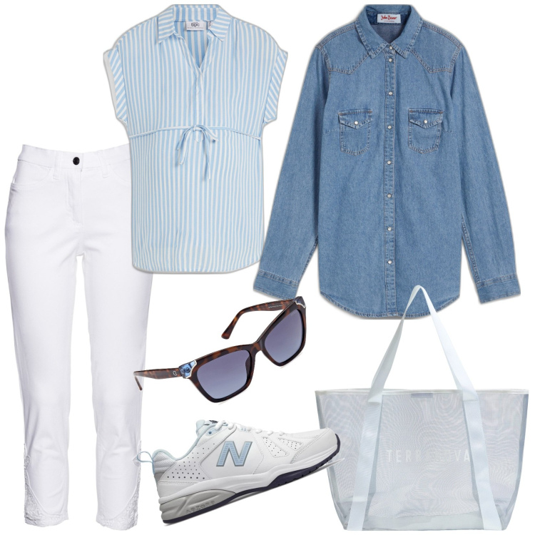 Outfit donna - Weekend. Stile Casual per Tutti i giorni. Abbinamento con camicie, bluse, jeans, shopping bag, sneakers, occhiali da sole.