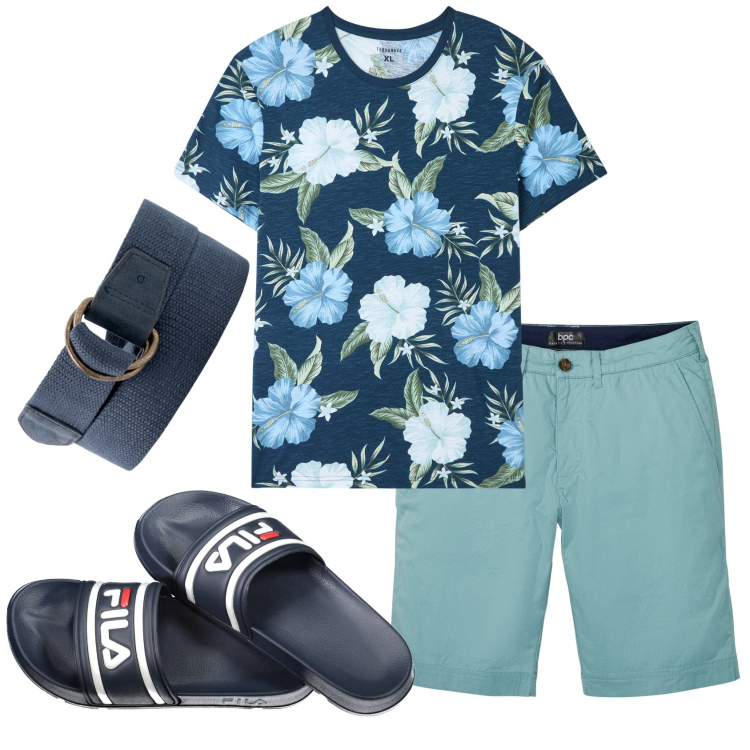 Outfit uomo - Total look #1876900. Stile Casual per Mare. Abbinamento con bermuda, t-shirt, cinture, sandali.