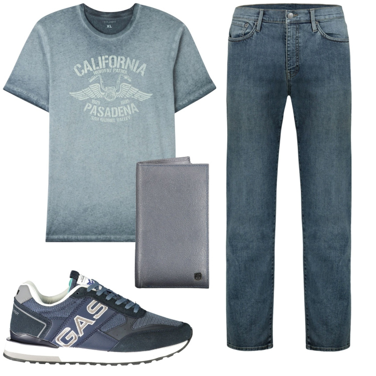 Outfit uomo - Total look #1876909. Stile Casual per Tutti i giorni. Abbinamento con t-shirt, jeans, sneakers, portafogli.