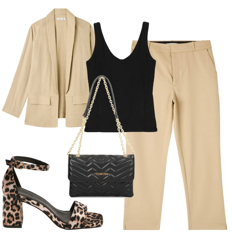Outfit donna - Total look #1876913. Stile Casual chic per Tutti i giorni. Abbinamento con pantaloni chino, blazer, sandali col tacco, borse a tracolla, top.