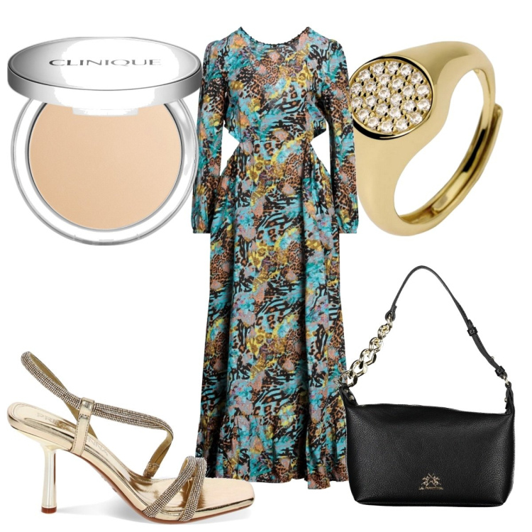 Outfit donna - Un anello statement. Stile Trendy per Cerimonia. Abbinamento con vestiti lunghi, fondotinta, anelli, sandali gioiello, borse a spalla.