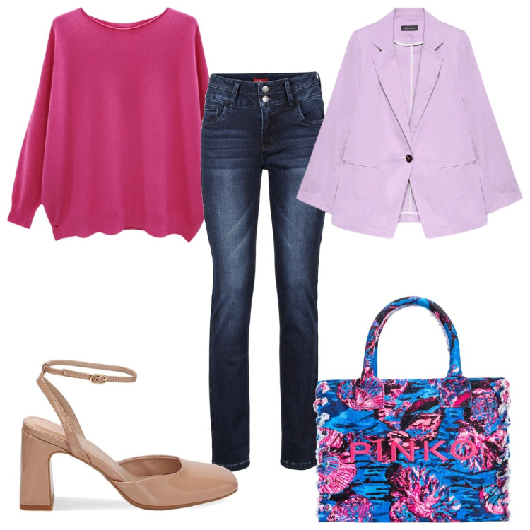 Outfit donna - Casual chic in viola. Stile Casual chic per Tutti i giorni. Abbinamento con jeans, shopping bag, décolleté, maglieria, blazer.