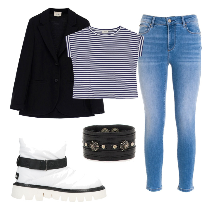 Outfit donna - Kim Wilde. Stile Rock per Serata fuori. Abbinamento con braccialetti, stivaletti, jeans skinny, blazer, t-shirt.