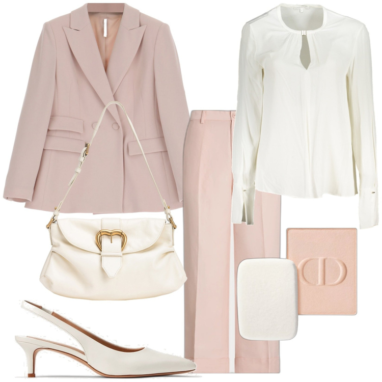 Outfit donna - Riunione con lo staff. Stile Chic per Ufficio. Abbinamento con fondotinta, borse a spalla, blazer, décolleté, pantaloni, camicie.