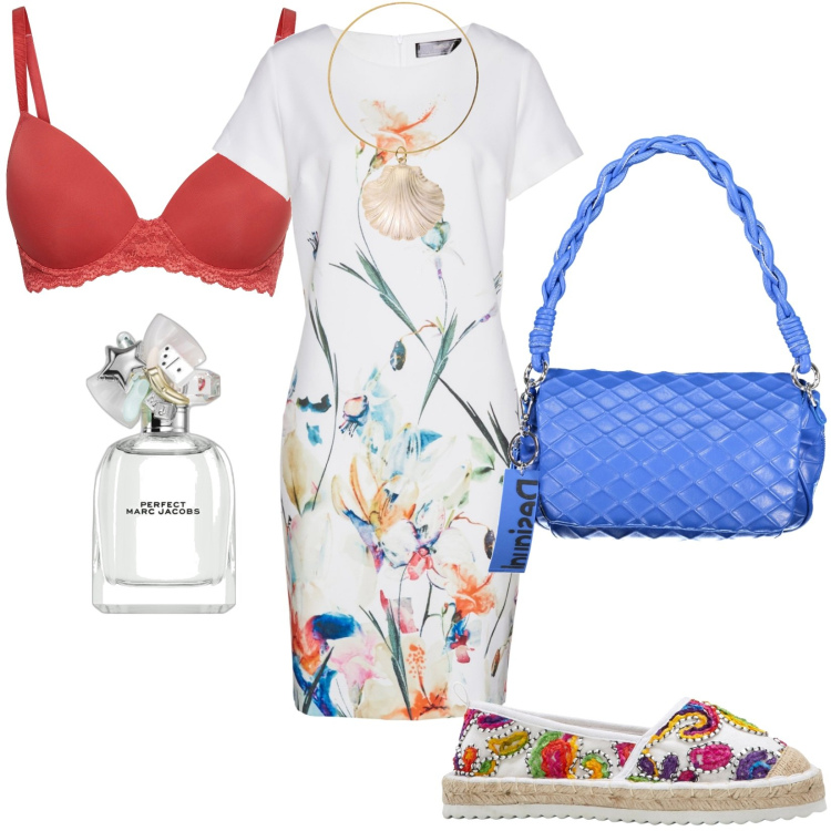 Outfit donna - Tubino bianco a fiori. Stile Trendy per Tutti i giorni. Abbinamento con espadrillas, vestiti a tubino, reggiseni, profumi, braccialetti, borse a spalla.