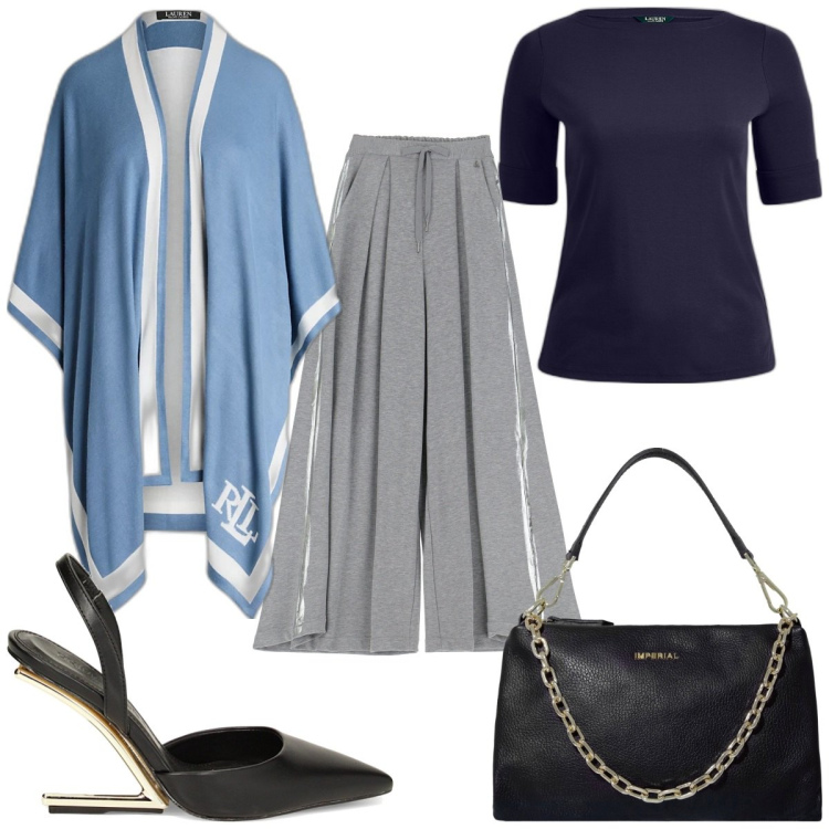 Outfit donna - Curvy casual chic. Stile Casual chic per Tutti i giorni. Abbinamento con pochette, pantaloni a palazzo, zeppe, top, cappe.