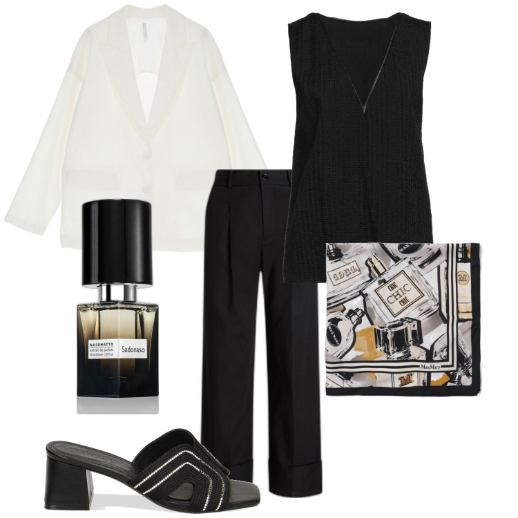 Outfit donna - Chic. Stile Chic per Cerimonia. Abbinamento con profumi, top, blazer, pantofole, pantaloni, foulard.