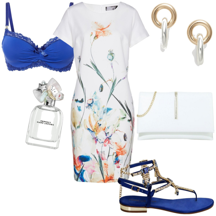 Outfit donna - Armonia e pace interiore. Stile Chic per Tutti i giorni. Abbinamento con vestiti a tubino, reggiseni, profumi, pochette, ciabatte, orecchini.