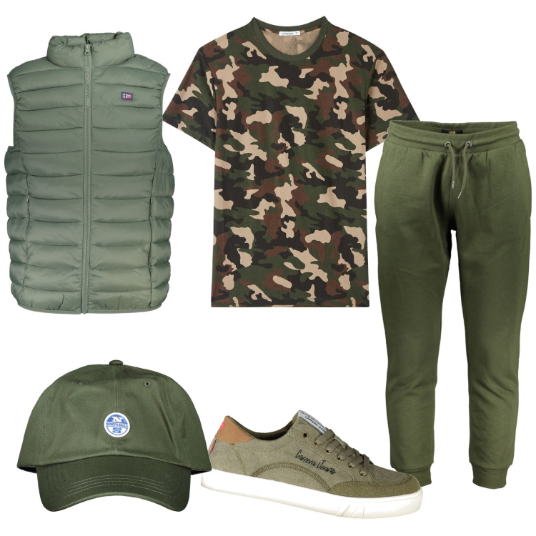 Outfit uomo - Pronto per l\' escursione. Stile Casual per Tutti i giorni. Abbinamento con t-shirt, giacche, pantaloni, sneakers, cappelli con visiera.