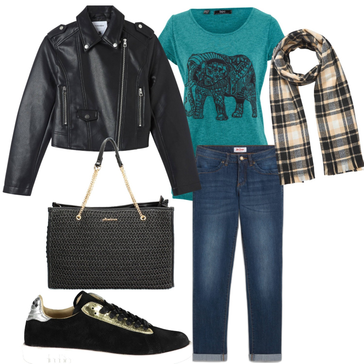 Outfit donna - Pomeriggio da estetista. Stile Basic per Tutti i giorni. Abbinamento con jeans dritti, t-shirt, giacche, sciarpe, borse a spalla, sneakers.