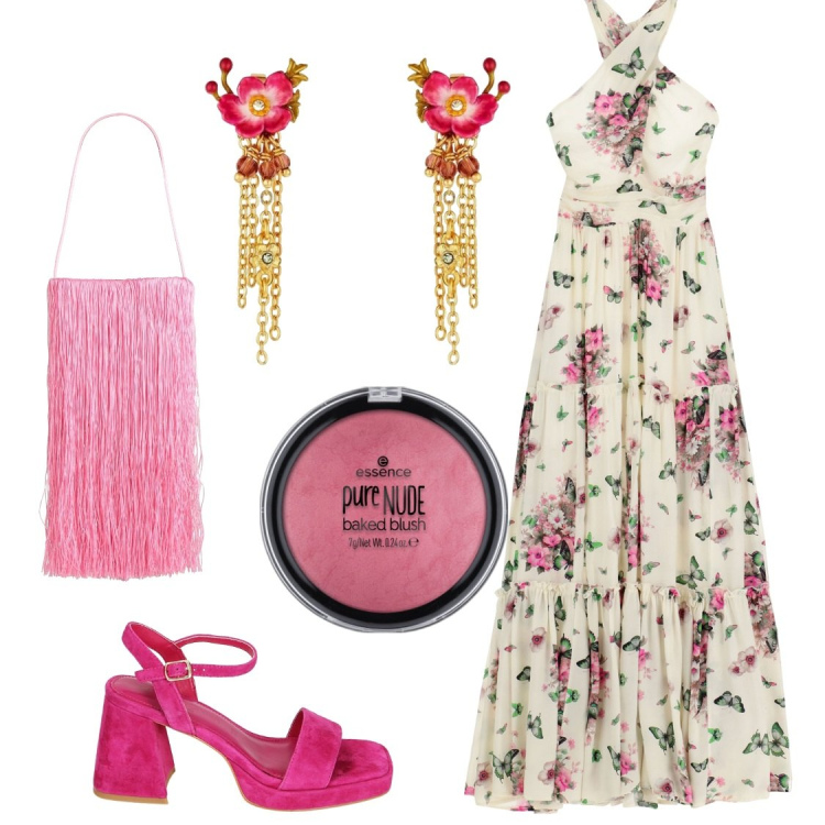 Outfit donna - Fiori rosa. Stile Chic per Cerimonia. Abbinamento con orecchini, borse a mano, blush, vestiti lunghi, sandali col tacco.