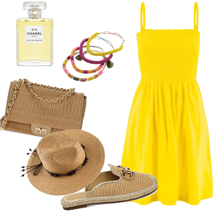 Outfit donna - Rafia per l\'estate. Stile Trendy per Tutti i giorni. Abbinamento con vestiti, braccialetti, cappelli, profumi, borse a tracolla, sabot.