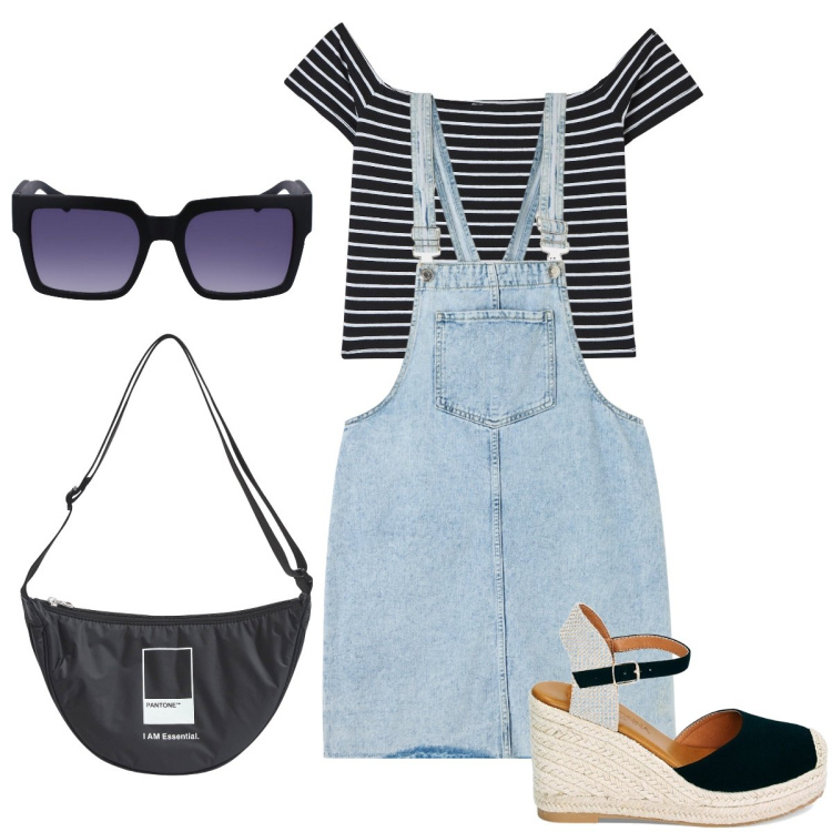Outfit donna - Weekend in campagna. Stile Casual chic per Tutti i giorni. Abbinamento con marsupi, t-shirt, salopette, zeppe, occhiali da sole.