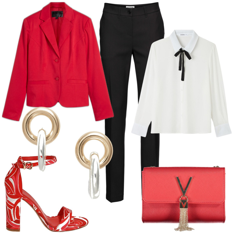 Outfit donna - Gioielli statement. Stile Chic per Serata fuori. Abbinamento con pantaloni, blazer, camicie, sandali col tacco, orecchini, borse a tracolla.