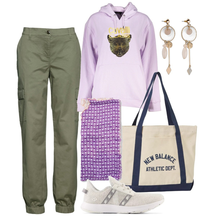 Outfit donna - Weekend in campagna. Stile Sporty chic per Tutti i giorni. Abbinamento con pantaloni cargo, orecchini, sneakers, borse tote, felpe con cappuccio, foulard.